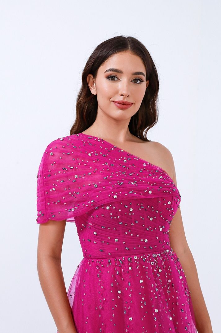 Embellished asymmetrical neckline dress