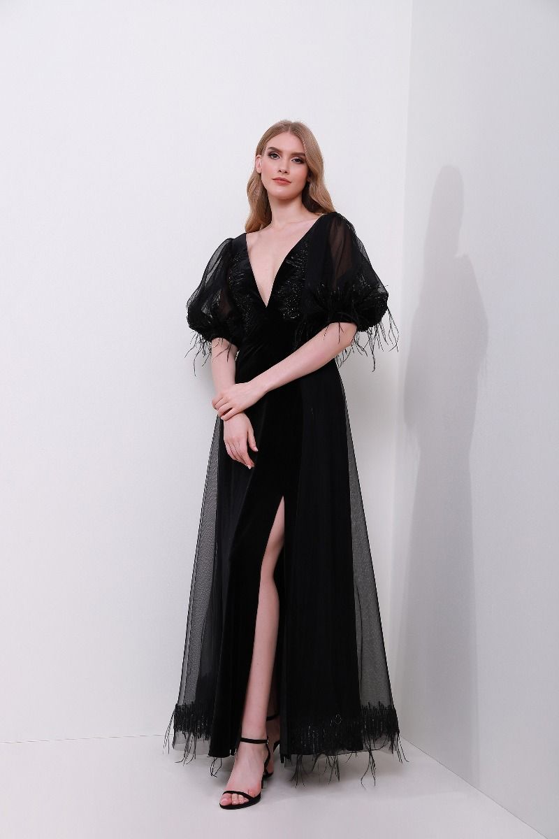 Balloon sleeves velvet dress